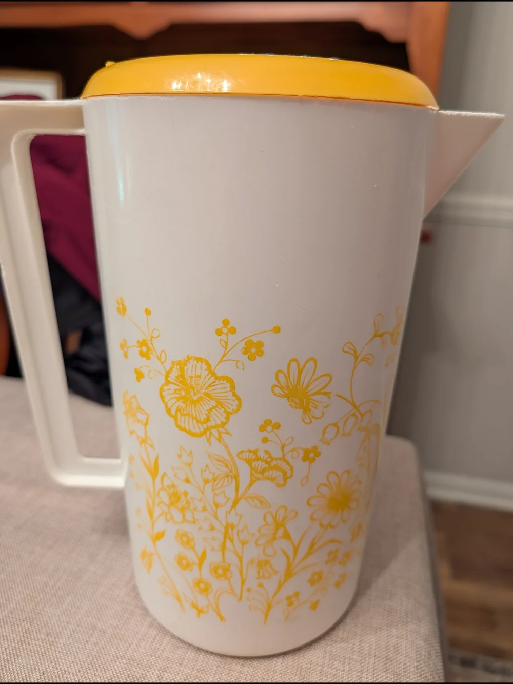 Vintage Retro White and Yellow Floral Plastic Pitcher with Lid